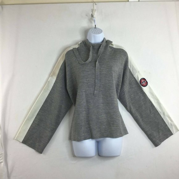 Tommy Hilfiger Women's Gray Black Stripes Textured Logo Hoodie Sweatshirt Size L - Picture 2 of 11